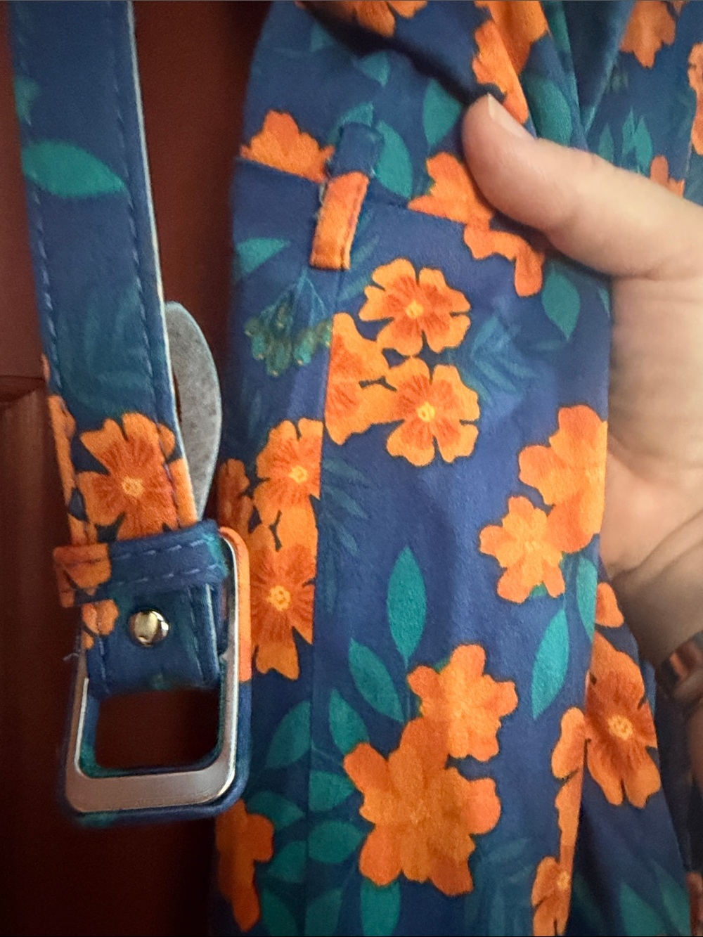 Modcloth Navy Blue Midi Dress with Orange Floral Print - Picture 3 of 11